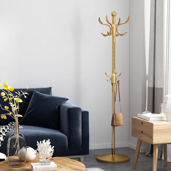 Metal Coat Rack Stand Coat Rack Freestanding with 12 Hooks,Gold | Sturdy Heavy Duty Modern Coats Tree for Bags Clothes Hall Tree Hats Hanger Holder Stand for Entryway Bedroom Hallway Office