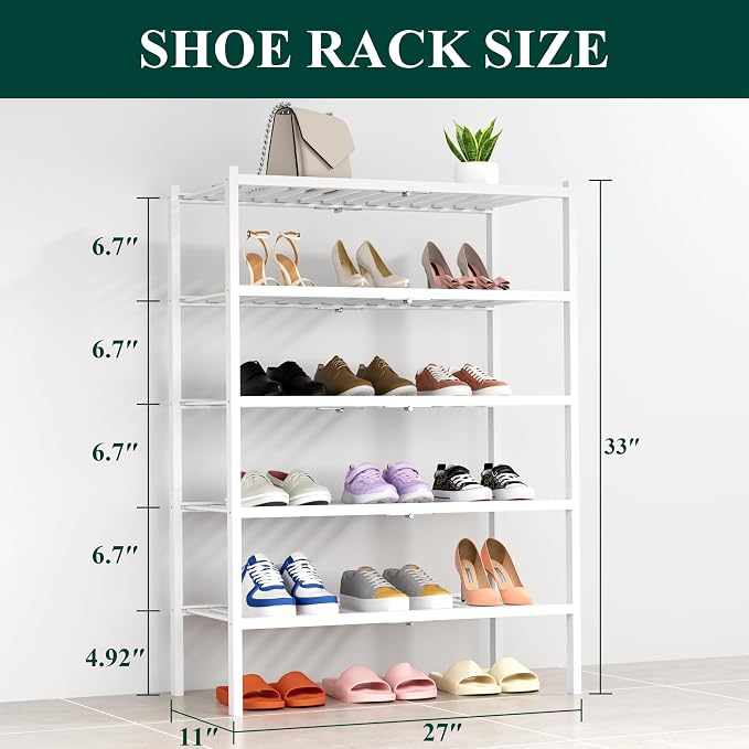 Smiry Bamboo Shoe Rack, 14 Vertical Slats, 5 Tier - 26.8" Wide, White | Stackable Free Standing Wooden Shoe Organizer, Wood Shoe Storage Shelf for Closet, Entryway, Thicher Leg