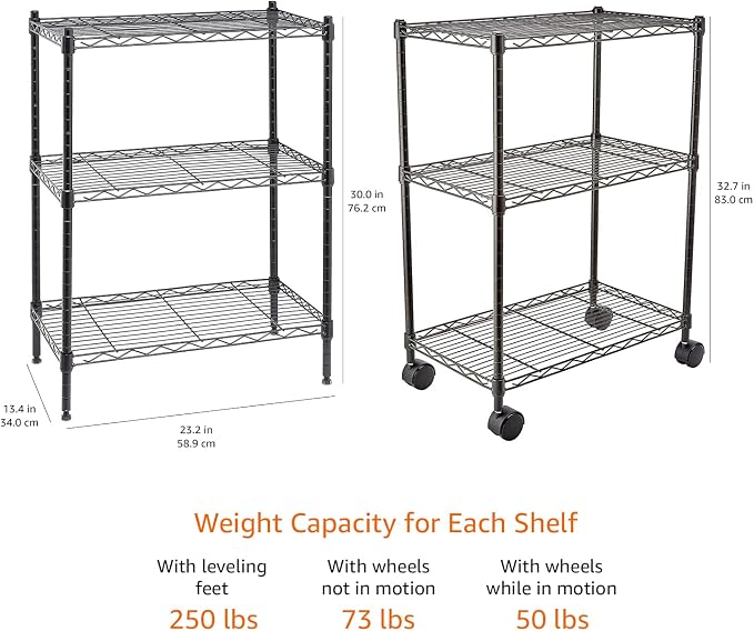 Amazon Basics 3-Shelf Adjustable Heavy Duty Storage Shelving Unit on 2" Wheels, Metal Wire Rack for Garage, Utility Shelving with Leveling Feet, 23.2"L x 13.4"W x 32.75"H, Black