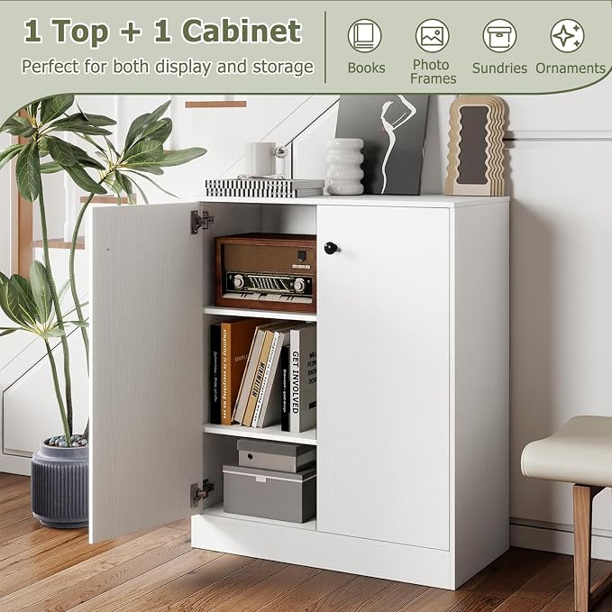 Giantex 2 Door Storage Base Cabinet (White) | 3-Tier Base Cabinet with Non-Slip Foot Pads, Kitchen Cupboard Storage Organizer for Living Room, Hallway, Entryway, Office