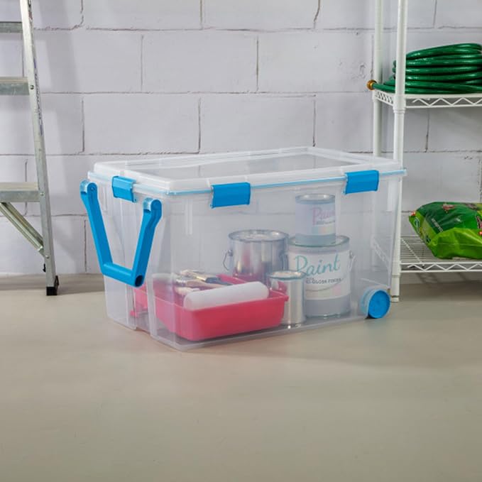 STERILITE 120 QT. Plastic Storage Container with Gasket Latch LID in Clear, 12-Pack | Heavy-Duty, Stackable, and Organizing Containers for Bathroom, Cabinet, Closet, and Garage, Clear and Blue Aquarium Latches