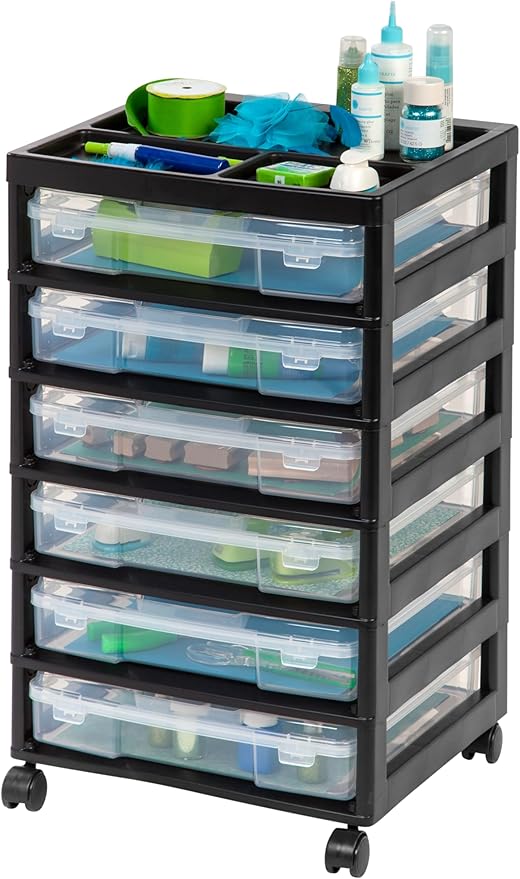 IRIS USA Rolling Cart with Drawers |Made in USA| 6-Tier Cases - Black/Clear | Fits 12"x12" Paper, Built-In Handles, Storage Unit with Supply Top for Craft, Art, Office Supplies, Pens & Pencils