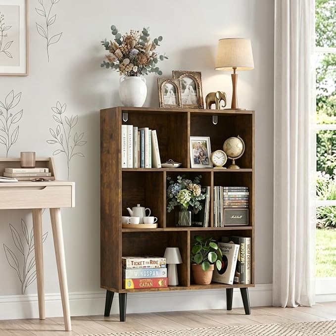 7 Cube Storage Organizer Shelf，Open Cube Bookshelf with Legs | 3 Tier, Mid-Century, Heavy Duty, Modern Bookcase, Display Shelf, Living Room, Bedroom, Office, Deep Brown