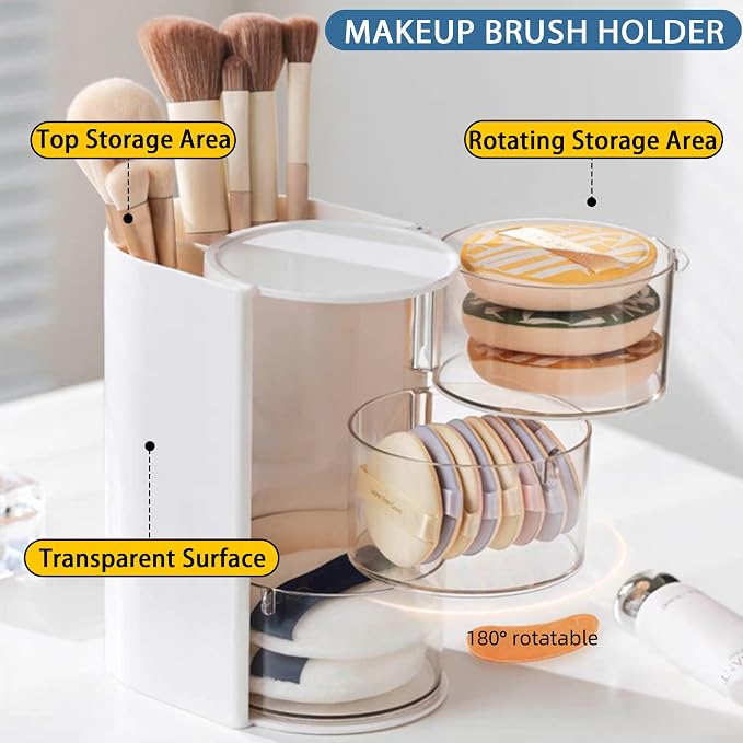 Azurphoric Hair Accessories Organizer with Hair Brush Holder(White,3-Layer) | Rotatable Makeup Brush Holder for Necklaces, Earring, Bracelet, Ring, Makeup Brushes, Hair Clip and Hair Accessories
