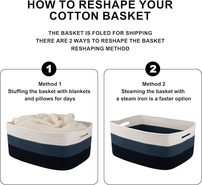 OIASKET Large Storage Basket for Organizing, Woven Rope Basket for Shelves, Closet Organizer Bins for Clothes, Blanket, Toys, Baby Nursery Storage, 17.7" x 13" x 7.87", 2 Packs Gradient Blue