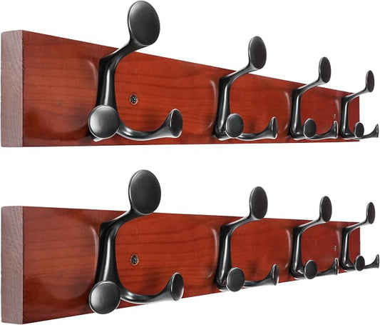 WEBI Coat Rack Wall Mount,24" Solid Wood Coat Hooks Wall Mounted Coat Hanger,16" Hole to Hole,Heavy Duty Hook Rack Rail,4 Triple Hooks for Hanging Coats,Jacket,Clothes,Hat,Backpack,Cherry,2 Packs