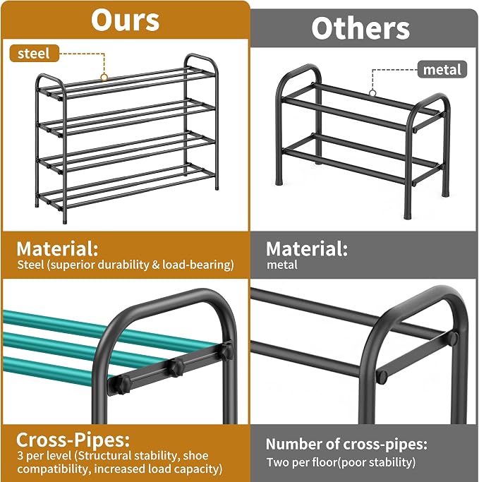 Hleelomi 4-Tier Metal Expandable Shoe Rack for Closet and Entryway, Black | Adjustable Shoe Organizer for Closet,Living Room,Dorm,Garage,Fits Small Spaces, Apartments and Rentals