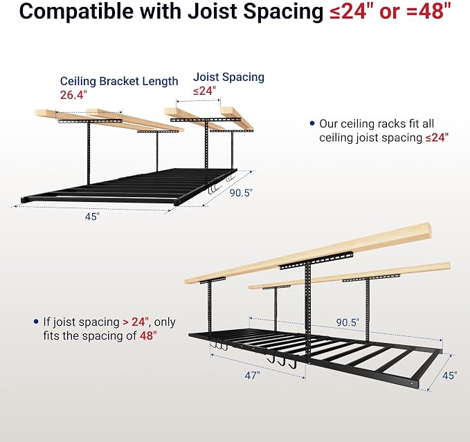 FLEXIMOUNTS 4x8 Overhead Garage Ceiling Storage Rack with 6 Hooks, Black | 750lbs Capacity, 22.6"–39.4" Adjustable Dropdown, Heavy-Duty Metal Ceiling Racks, Storage Organization System, Lite Series