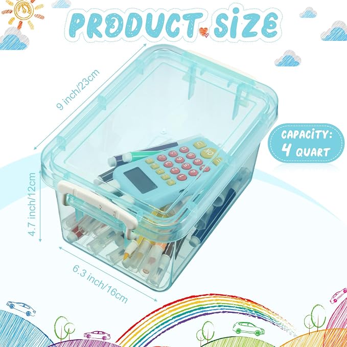 6 Pack Colorful Plastic Storage Bins with Lids 4 Quart Small Storage Latch Box Stackable and Nestable Clear Organizer Bins with Latching Handle and Buckle for Organizing(Cyan)