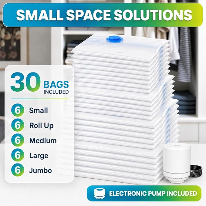 Vacuum Storage Bags,30Pack Vacuum Seal Bags with Electric Air Pump,Vacuumm Seal Bag for Clothing,Travel,Clothes,Comforters,Blankets,Pillows-6 Jumbo+6 Large+6 Medium+6 Small+6 Roll Up Space Saving Bag