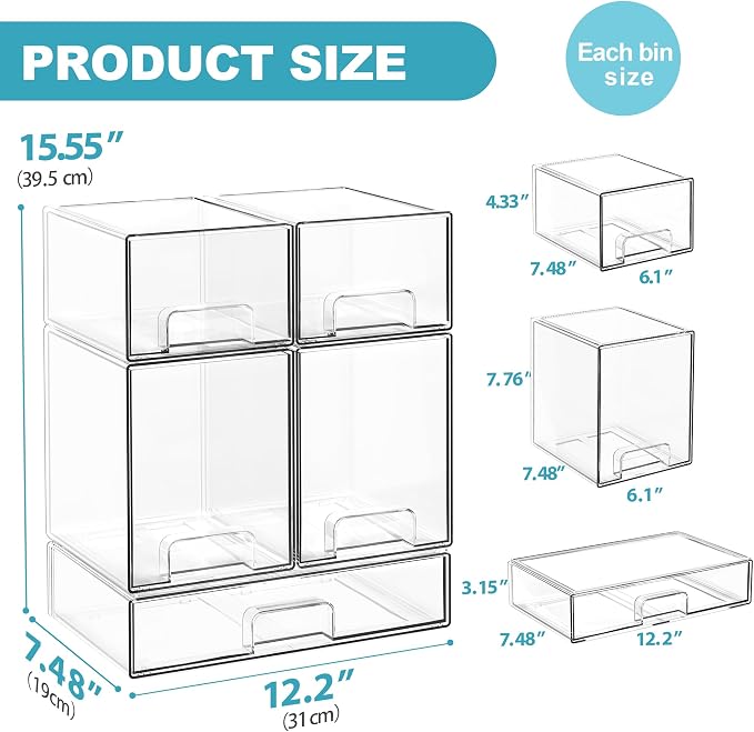 Stackable Storage Drawers, 5 Pack Clear Acrylic Makeup & Bathroom Organizer, Versatile Storage Bins for Vanity, Under Sink, Kitchen Cabinets & Pantry (5 Pack)