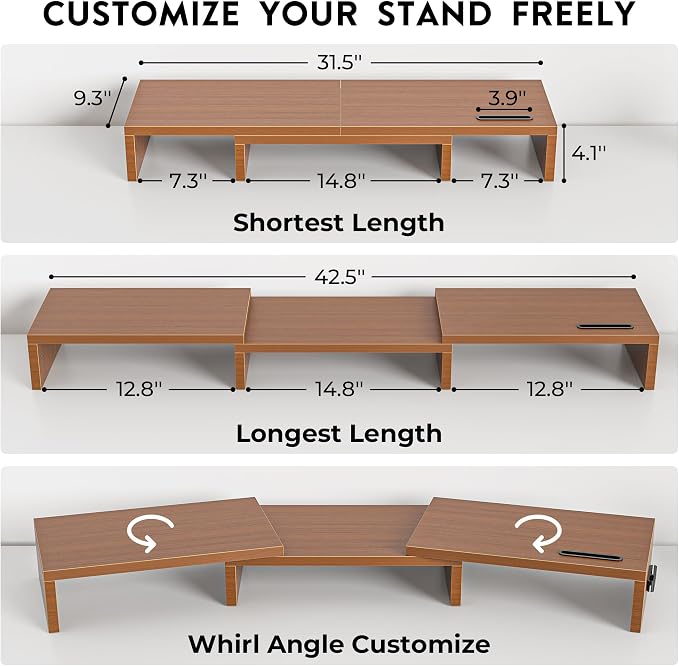 BONTEC Dual Monitor Stand Riser, Adjustable Length & Swivel Angle, Walnut | Ergonomic Wooden Desktop Organizer with Smartphone Holder, Computer Monitor Stand for PC, Laptop, Printer and Large Storage