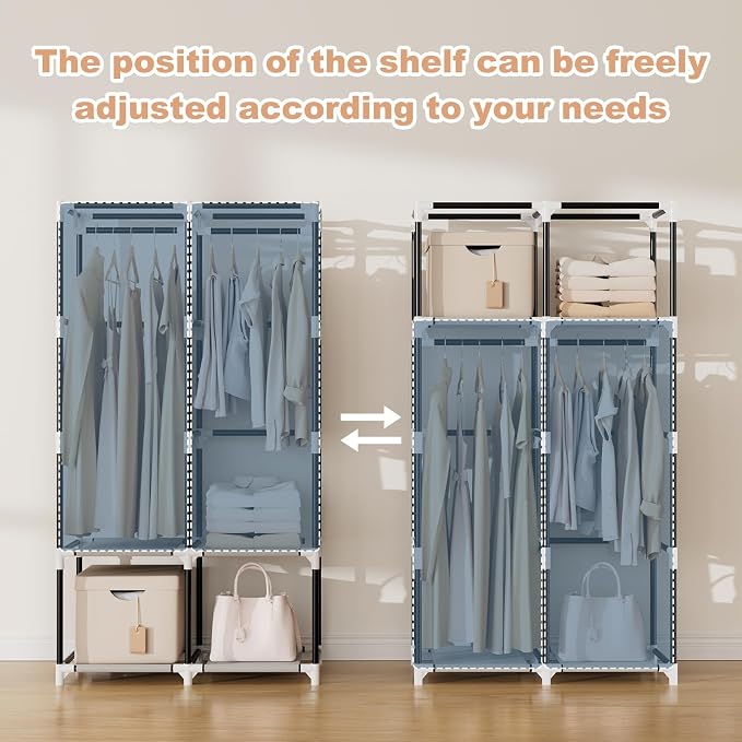VTRIN Portable Closet Wardrobe for Hanging Clothes with 4 Storage Shelves, 2 Hanging Rods and 6 Pockets, Stable and Easy Assembly Clothes Rack with Cover Free Standing Closet for Bedroom, Grey