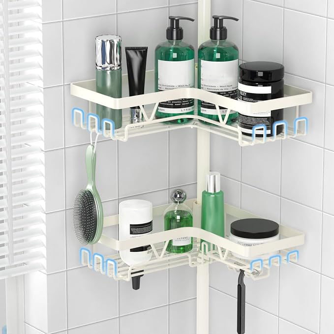 DAOYA Corner Shower Caddy Tension Pole - Adjustable Shower Caddy Off-white | WIth 28 Hook/2 Soap Dish/ 2 Razor Holder, Rustproof, For Bathtub/Bathroom, Floor to Ceiling 25-114 Inch, Simple Install