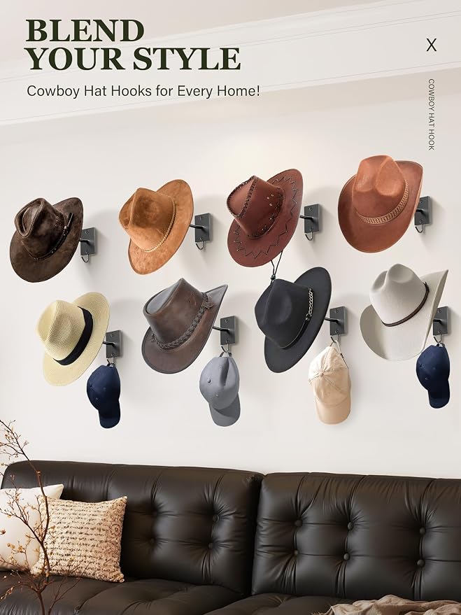 Cinati Cowboy Hat Rack for Wall 8 Pack, Cowboy Hat Holder Wall Mount, Western Rustic Metal Hats Hanger Hooks Organizer for Fedora,Sun Hats,Wide Brim, Extra Hooks for Baseball Caps,Western Room Decor