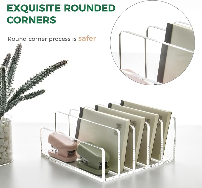 5 Compartments Clear Acrylic Mail Holder – Vertical Letter Sorter & Multifunction Desk Organizer for Bills, Documents, Notebooks – Modern Office/Home Envelope File Rack