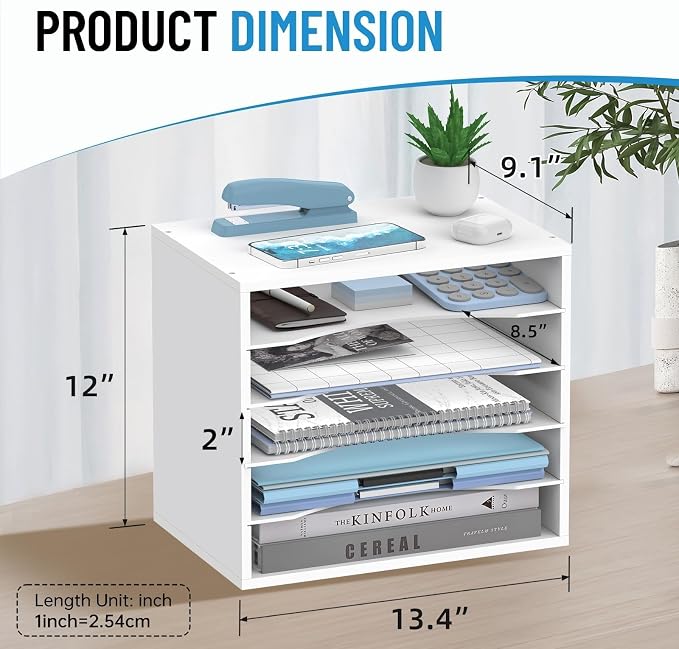 5-Tier Paper Organizer for Desk, Adjustable Mail Organizer, White | 5-Tier Paper Organizer and Mail Organizer for Desk with Adjustable Shelves for Letter Size Files Folders and Office Supplies