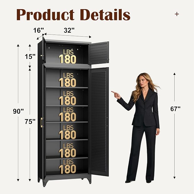 SteeLoong 90" Metal Storage Cabinet with Doors and 5 Adjustable Shelves | Kitchen Pantry Cabinet,Black Tall Freestanding Cupboard with Gold Handle,Steel Garage Cabinets for Tool,Office,Kitchen,School