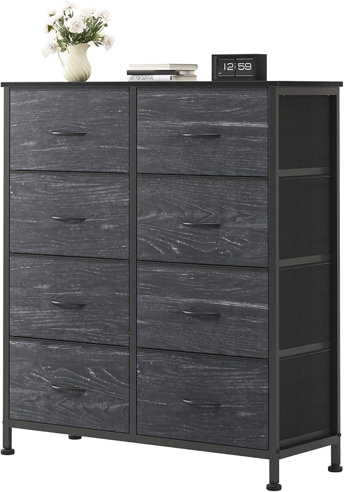 OLIXIS 8 Drawer Storage Dresser for Bedroom, Closet Organizers Units | Fabric Dresser with Wooden Top, Chest of Drawers Clothes Storage, Tower Cabinet, TV Stand Furniture, Black Wood Grain