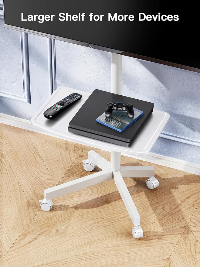 PERLESMITH Rolling White TV Stand for 23–65 Inch TVs up to 99 lbs, Portable TV Stand on Wheels with Height Adjustable Shelf, Outdoor Mobile White TV Cart for Bedroom, Max VESA 400x400mm, PSTVMC04W