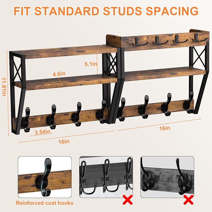 Upgraded 3-Tier Large Coat Rack Wall Mount with Shelf | 4 in 1 Versatile Coat and Key Hanger Wall Mount, 32-inch Entryway Wall Shelf with 12 Hooks for Living Room Bedroom