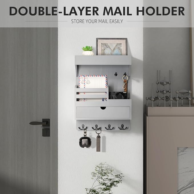 Rebee Vision Key Holder Wall Mount with Drawer &Shelf for Entryway, Gray | Key Holder for Wall, 6 Key Hooks, Floating Shelf, Drawer Organizer, Mail Organizer, Trendy Home Decor, Room Decor Aesthetic