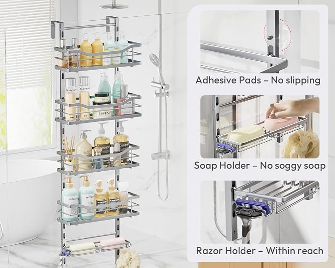 SWTYMIKI Over the Door Shower Caddy - 5 Tier Adjustable Shower Organizer Hanging with Soap Holder, No Drilling Stainless Steel Bathroom Rack Hanging for Body Wash, Shampoo, Soap, Razor, Silver