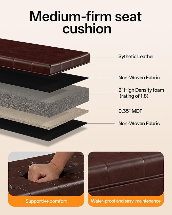 ABHENG Synthetic Leather Metal Frame Storage Ottoman Bench end of Bed Bench with Legs 43.5”W x 15.7”D x 15.7”H Hold up to 770 LB Large Storage Chest Brown UASND624R