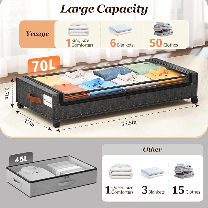 Yecaye 70 L Under Bed Storage with Wheels, 3 Pack Larger Capacity Under Bed Storage Containers, Underbed Shoe Storage Organizer, Rolling Under Bed Metal Drawers for Clothes, Blankets, Hemp Grey