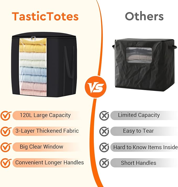 TasticTotes 120L Extra Large Blanket Clothes Storage Bags, Gray, 6 Pack | Foldable Blanket Storage and Organization, Thick Fabric Containers with Reinforced Handles & Zippers for Comforters, Bedding