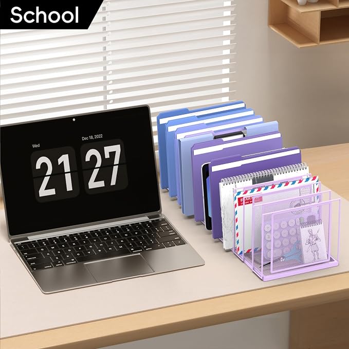 File Organizer for Desk, 11-Section Vertical File Sorter, Paper Holder Organizer Standing Metal File Folder for Office Home Classroom, Purple