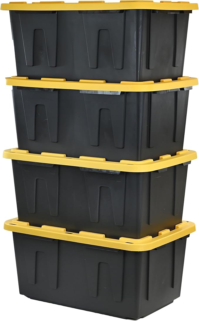 CX Heavy Duty 27-Gallon Stackable Plastic Storage Bins with Lids, 4 Pack | Storage totes for garage organization, Stackable containers, weather-resistant, snap lid, 14.3H x 20.6W x 30.6D, Black/Yellow