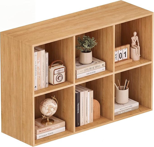 Book Shelf, Wooden Cube Storage Organizer with 11" Open Cubes, Stackable Modular Bookcase for Room Divider Storage, 2 Tier Bookshelf for Living Room, Bedroom, Office (Oak, 6-Cube)