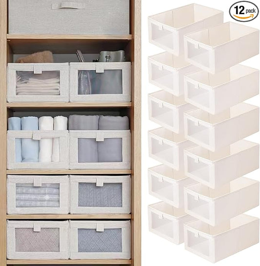 Linen Closet Organizers And Storage, 12 Pack Closet Storage Bins Linen Closet Baskets for Closet Organization Foldable Closet Organizer Bins with Clear Window For Organizing Clothing, Jeans, Shelves