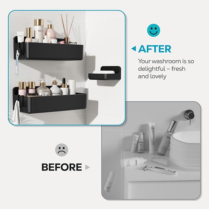 Nieifi Adhesive Shower Shelves, Black, 3 Pieces | Rustproof ABS, Large Capacity, Removable Design, Easy-Clean, No Drilling Shower Organizer for Bathroom Storage & Home Decor