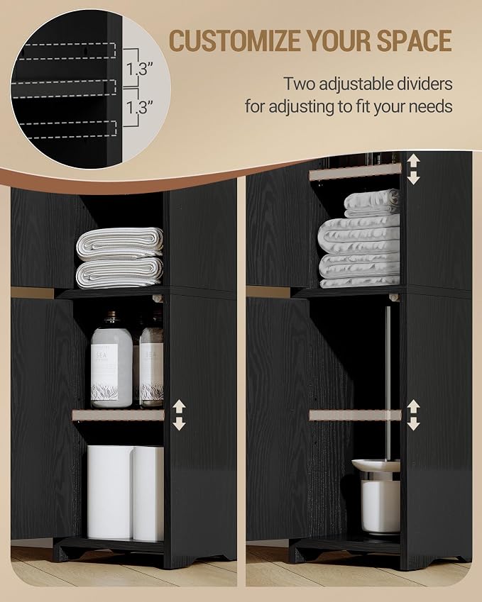 Hzuaneri Bathroom Storage Cabinet, Small Corner Floor Cabinet with 2 Doors | Narrow Toilet Paper Cabinets with Adjustable Shelf, Bathroom Organizer for Small Spaces, 7.9" D x 7.9" W x 29.5" H Black