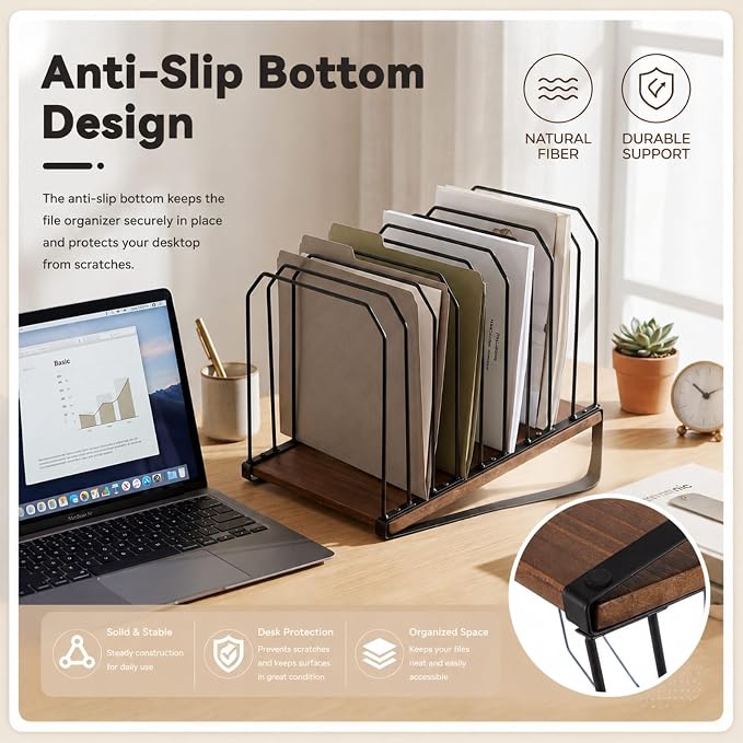 Novabright 1 Pack Inclined Desk File Organizer 9 Section Metal Vertical Folder Holder with Wooden Base Desktop Mail Sorter Step Magazine Document Paper Binder Holder for School Classroom Home Office