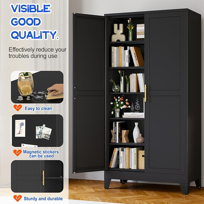 GAIOUS 79" Tall Kitchen Pantry Cabinet,Metal Storage Cabinet Black Cupboard | with 2 Doors and 5 Adjustable Shelves, Freestanding Cupboard, 6 Tier Steel Storage for Office Kitchen Dining Garage Hallways