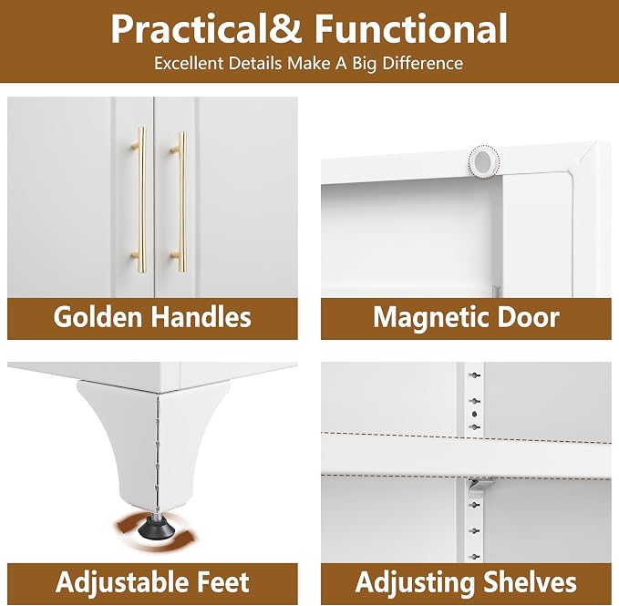 Polup 75" Metal Storage Cabinet, Tall Kitchen Pantry Cabinet with 1 Drawer | White Heavy-Duty Steel Cupboard, 2 Doors, 3 Adjustable Shelves, Magnetic Latch, Gold Handles, for Dining Living Room, Laundry