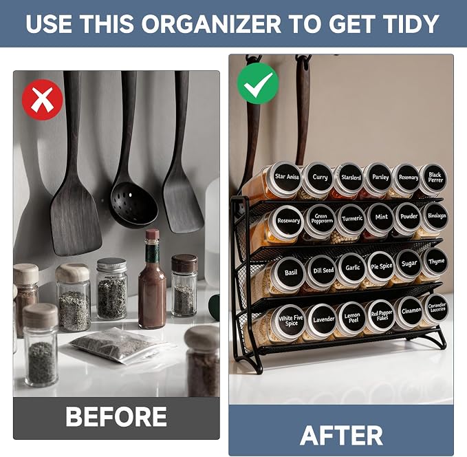 DIDITIME Spice Rack Organizer with 24 Glass Jars and 60 Labels, 4-Tier Seasoning Organizer for Cabinet, Countertop, Pantry or Wall Mount, Rust-Resistant Carbon Steel Spice Jar Set with Marker