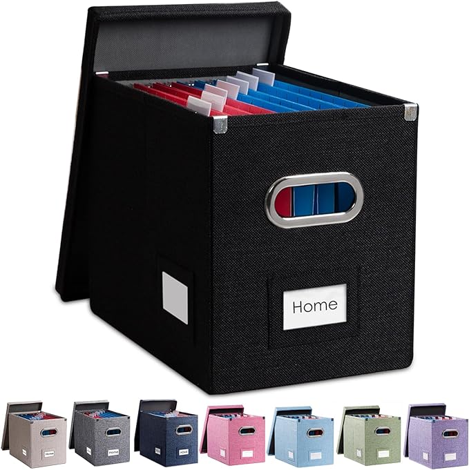 File Organizer Box - Set of 1 Collapsible Decorative Linen Filing Storage Hanging File Folders with Lids Office Cabinet Letter Size Black (14x9.3x10.8 inch)