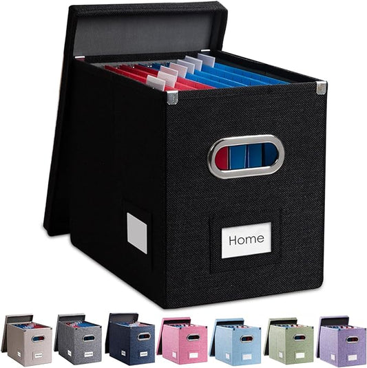 File Organizer Box - Set of 1 Collapsible Decorative Linen Filing Storage Hanging File Folders with Lids Office Cabinet Letter Size Black (14x9.3x10.8 inch)