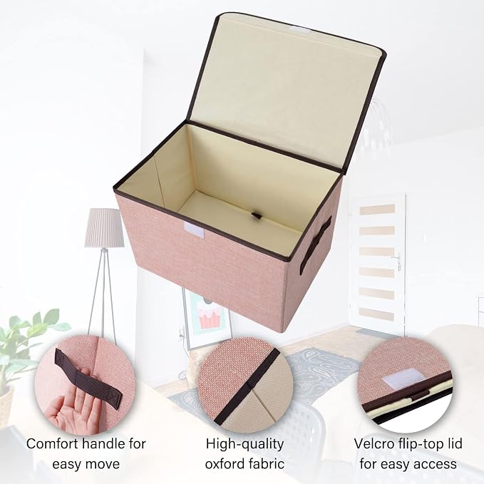 Bagnizer Linen Fabric Foldable Storage Cube Bin Organizer Basket with Flip-Top Lid & Handles, Large Clothes Blanket Box for Home, Office, Closet, Pink, 4 Pack 14.6 x 9.5 x 9.5”