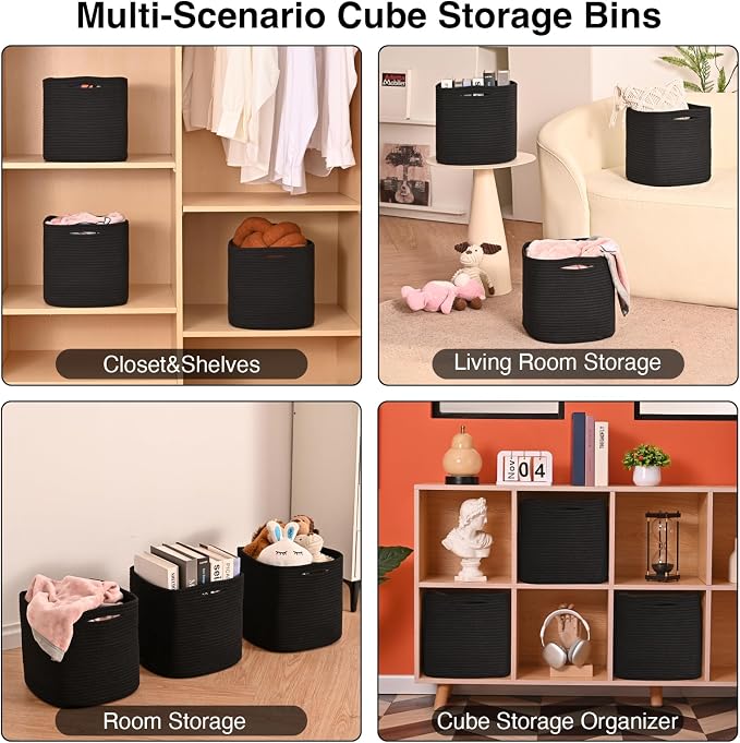 ICERZCZ 11 Inch Cube Storage Bins, Storage Cube Organizer Bins, Woven Cotton Rope Basket for Storage, Storage Baskets for Organizing Shelves, Square Baskets for Toys, Black (Pack of 3)