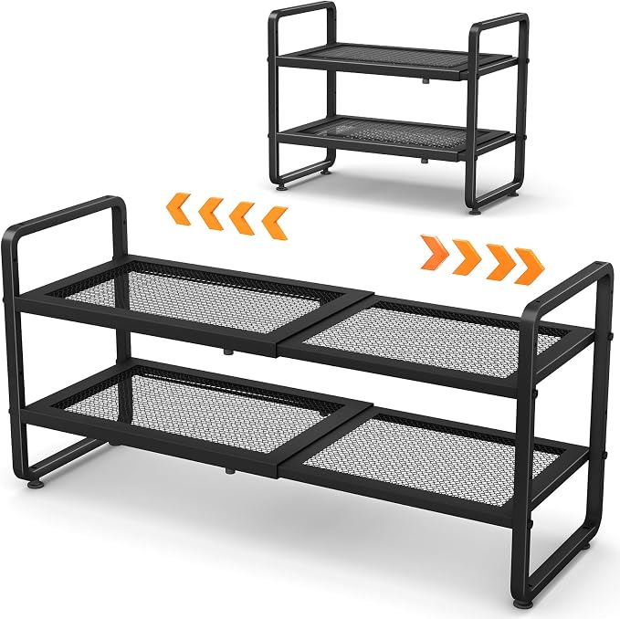 Expandable Metal Shoe Rack for Closet, Entryway & Garage, 2-Tier, Black | Adjustable Height for Boots, Stackable Design, Dense Mesh Shelves for Heels, Fits Small Spaces, Apartments and Rentals