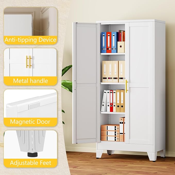 PAOFIN 61" Metal Storage Cabinet with 2 Doors and 3 Adjustable Shelves,White Metal Garage Storage Cabinets, File Cabinet,Steel Tool Cabinets for Home,Office,Garage,School,Warehouse