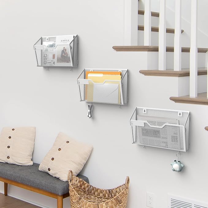 YINGHUA 6 Pack Wall Mounted Mesh File Folder Organizer with Hooks, White | 12.6" durable metal hanging baskets. Perfect vertical storage for mail, magazines and papers in office, home or school.