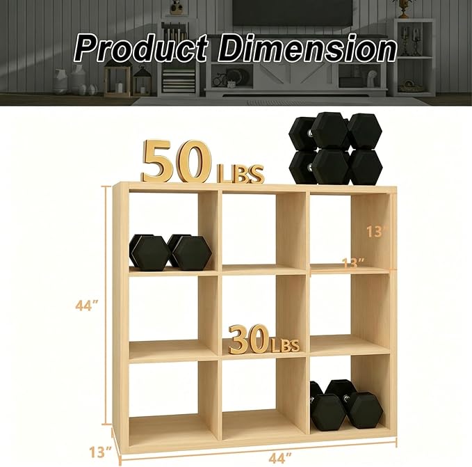 CTESNE【Wooden Thick Frame 9 Cube Storage Organizer Shelf with Anti-Tipping Kits + Reversible Open Back Bookcase, Horizontal and Vertical Dual-use Standing Bookshelf（Oak,13inch）