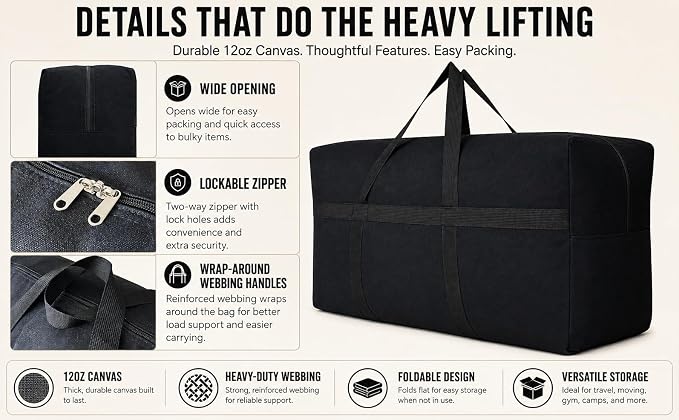 YiKitHom Extra Large Storage Canvas Duffle Bag with Zippers and Handles, Big Foldable Duffle Bag for Travel 60L