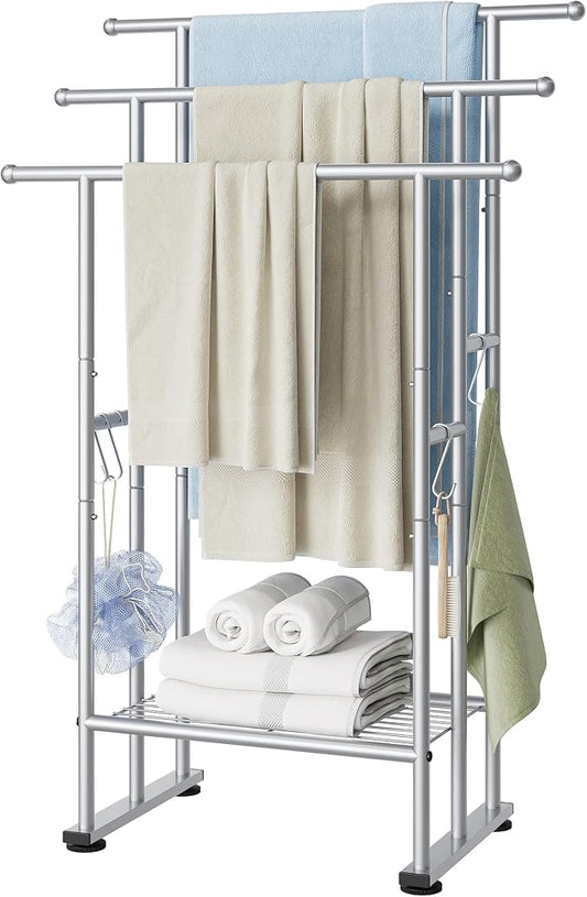 ELYKEN 3 Tier Freestanding Towel Rack with Shelf, 40" H Towel Stand, Silver | Metal Drying Rack for Oversized Bath Towels & Blankets, 4 Hooks, Indoor & Outdoor Use, Fits Bathroom, Tub, Shower, Poolside